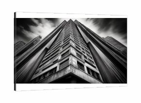 dramatic black and white perspective view of an impressive tall building with weathered facade generative ai