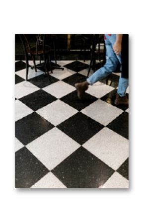 Waitress walking on a Chequerboard tiled Floor