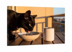 Sleek black cat with green eyes eating a meal from a white bowl on a balcony table during a warm golden hour sunset.