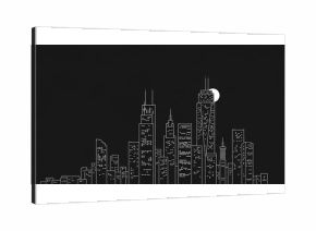 Minimalist white outline of a modern city skyline at night with a glowing full moon
