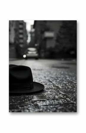 Cinematic black and white film noir scene of a fedora hat lying on a wet city street at night