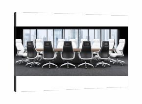 Modern conference room with black and white ergonomic chairs around a light brown table, overlooking a city skyline