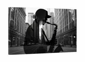 black and white image of saxophonist silhouette and city street double exposure