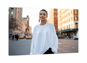 Stylish female standing on bustling manhattan street, wearing oversized white shirt and black pants, with blurred yellow taxis and pedestrians behind her during bright daylight