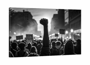 Black and white protest scene with raised fist and crowd holding signs in city street march symbolizing justice freedom power and resistance