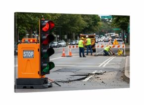 Road construction site with a portable traffic light and workers