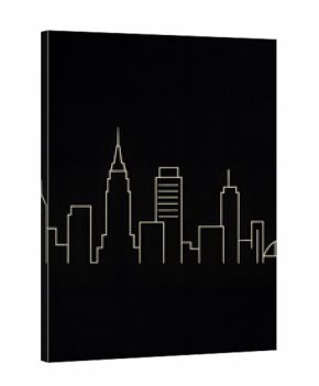 Black background with minimal off‑white city skyline line art modern