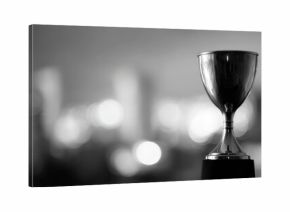 Black and white trophy with blurred city background, symbolizing success and achievement, monochrome sports award concept