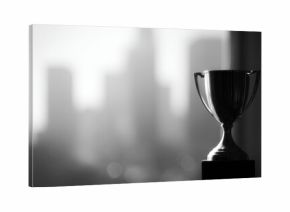 Black and white sports trophy with city skyline in background, professional success and award theme