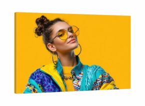 A woman wearing a yellow and blue jacket and sunglasses. She is smiling and looking at the camera