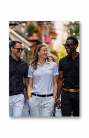 A group of men and women walking down a city street