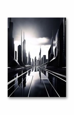 black and white cityscape of a futuristic city with sleek modern