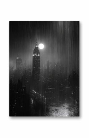 Mystical night cityscape under rain with full moon in black and white