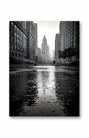A cityscape with the silhouette of a building reflected on the water surface on a rainy day, captured in a black and white photograph