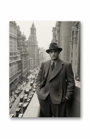 Mid Century Man in a Suit Gazing Over a Busy Cityscape