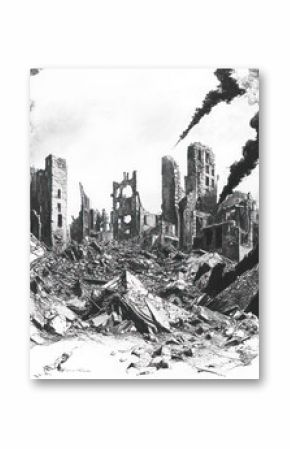 A black and white image of a destroyed city, done in the form of an illustration or graphic drawing. 