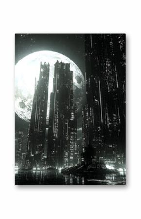 Futuristic Cityscape  Night  Moon  Skyscrapers  Digital Art