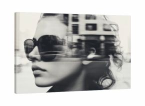 woman in a big city, black and white photograph of a man against the backdrop of a metropolis. urban modern portrait