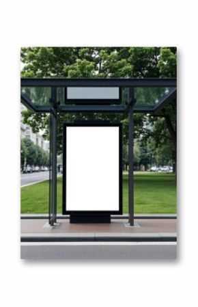 Bus stop shelter, modern design, black metal frame, glass panels, illuminated advertisement display, urban setting, tree-lined street, green park, city backdrop, clean aesthetic, public transportation