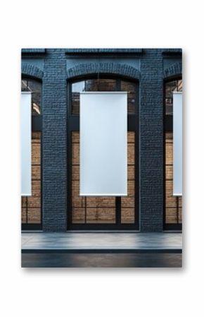 Blank white vertical banners on building facade design lockup Store flags mock up on the street Outdoor banners template on the side of the shop exterior Three signs hanging , HD image,