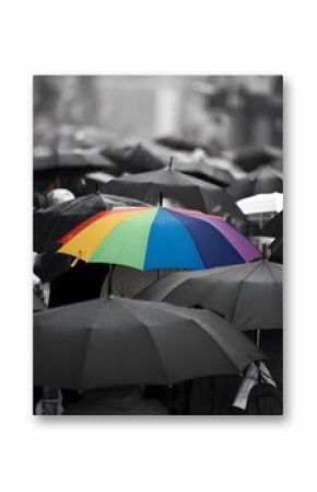 One person walking with a colorful umbrella standing out in a crowd with black umbrellas