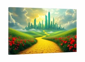 Yellow brick road leading through poppy field to green emerald city in the distance. Wizard of Oz concept.