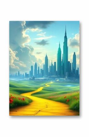 Yellow brick road leading through poppy field to green emerald city in the distance. Wizard of Oz concept.