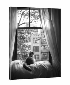 Cat on windowsill gazing outside, black and white