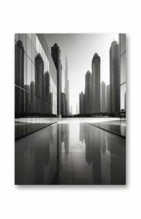 A sleek black and white photograph capturing the glass surface of towering skyscrapers in a district full of business centers