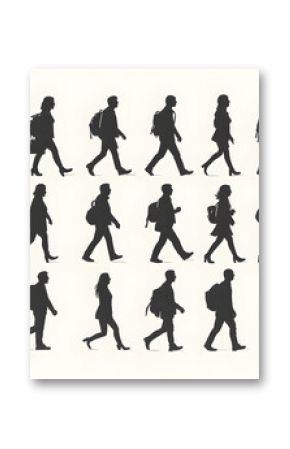 Diverse silhouettes of people walking with backpacks.