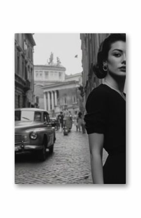 Elegant Woman in Black Dress Posing on Cobblestone Street in Italy during the 1950s