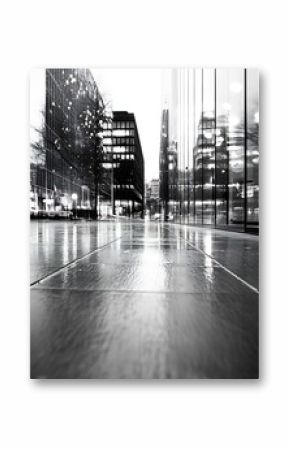 Urban Night Scene Captured in Black and White with Reflection on Wet Pavement : Generative AI