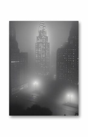 Gotham's Veil: A haunting black and white photograph of the city skyline enveloped in a thick, ethereal fog, creating an atmosphere of mystery and grandeur.