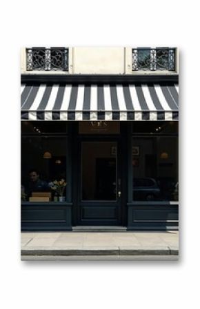 Minimalist Parisian storefront with black and white striped awning and potted plants, shop, france