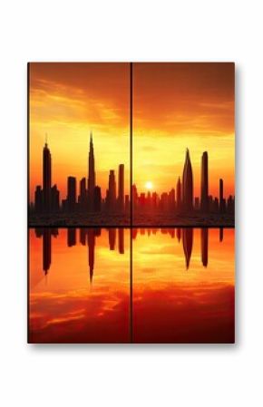 Silhouetted outline of a skyline reflected symmetrically in a polished glass tabletop
