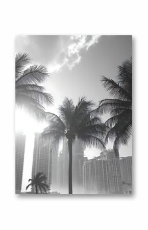 Cinematic black and white Miami skyline featuring palm trees, with sunlight streaming through towering skyscrapers, creating a hyperrealistic urban scene.