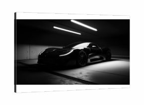 Black and White Sports Car in a Dark Room.