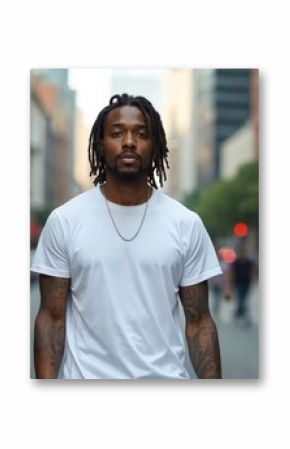 Portrait of young black man in blank white t-shirt. Modern male with dreadlocks and tattoos stands outdoors in urban setting. Fashion style, streetwear, casual clothing, apparel. Street photo.