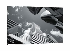 Brisbane city skyline looking up. Black and white vintage photo style.
