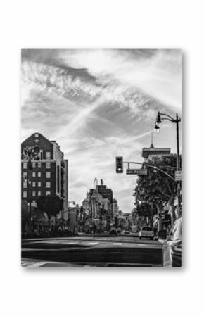 Hollywood Boulevard street landscape in Los Angeles, California, USA, black and white retro-style photo