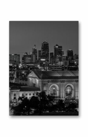 black and white photo of Kansas City at night