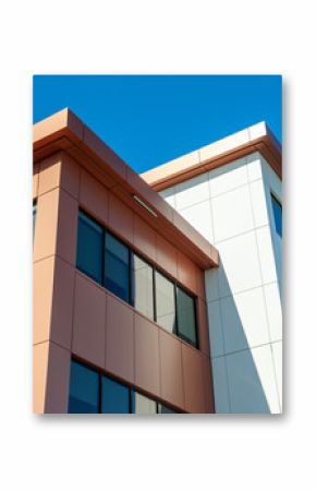 The roofs of a modern commercial building under blue sky and white clouds. The exterior of the new building is rusty, orange, and cream in color metal composite panels with black glass windows. 
