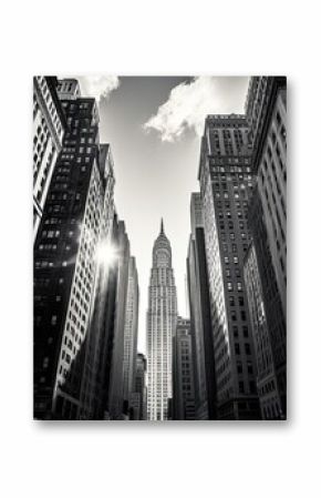New York City buildings in black and white for wallpaper, with piercing sun 