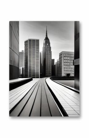 city skyscrapers, A sleek and minimalist black and white modern building facade stands proudly against the city skyline. 