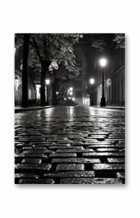 Rain-soaked black and white cobblestones reflecting the glow of lampposts