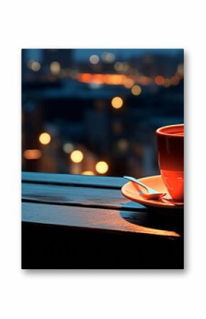 cup of coffee on  table top in street cafe at night ,view on rainy city blurred light and houses,