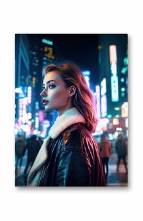 Beautiful stylish girl in leather jacket on a night city street with people and cars. Fashion photography, glowing neon signs