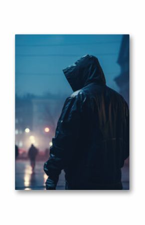 In the eerie darkness of the city at night, an anonymous figure roams the rainy streets, shrouded in mystery and danger, creating a sense of unease and intrigue.