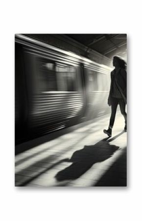Woman at station walking next to moving train, black and white abstract background. Generative AI