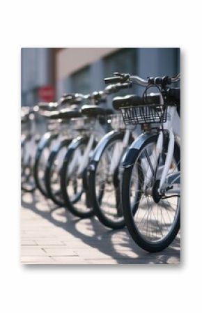 Many white and black bicycles standing in a row on a parking lot for rent in the city. Eco friendly urban transport. Healthy lifestyle concept